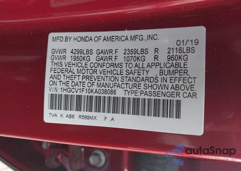 2019 Honda Accord Lx из США, поврежденный, VIN 1HGCV1F10KA038086